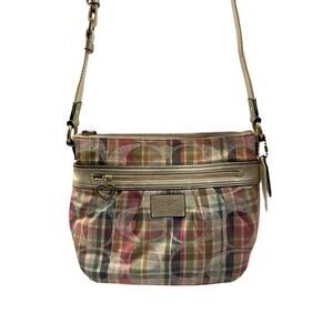 Coach Pink Tan Poppy Daisy Madras Signature Plaid Adjustable Crossbody Bag GS